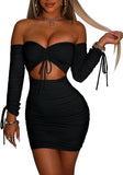 Women'S Sexy Tube Long Sleeve Cutout Drawstring Ruched Bodycon Mini Club Dress Black
