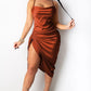 Women'S Summer Sexy Ruched Midi Adjustable Spaghetti Strap Bodycon Drawstring Side Slit Slip Party Clubwear Dress, A-Copper, Small