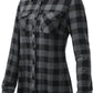 Womens Soft Stretchy Knit Plaid Shirts Roll up Long Sleeve Collared Button down Blouses Tops