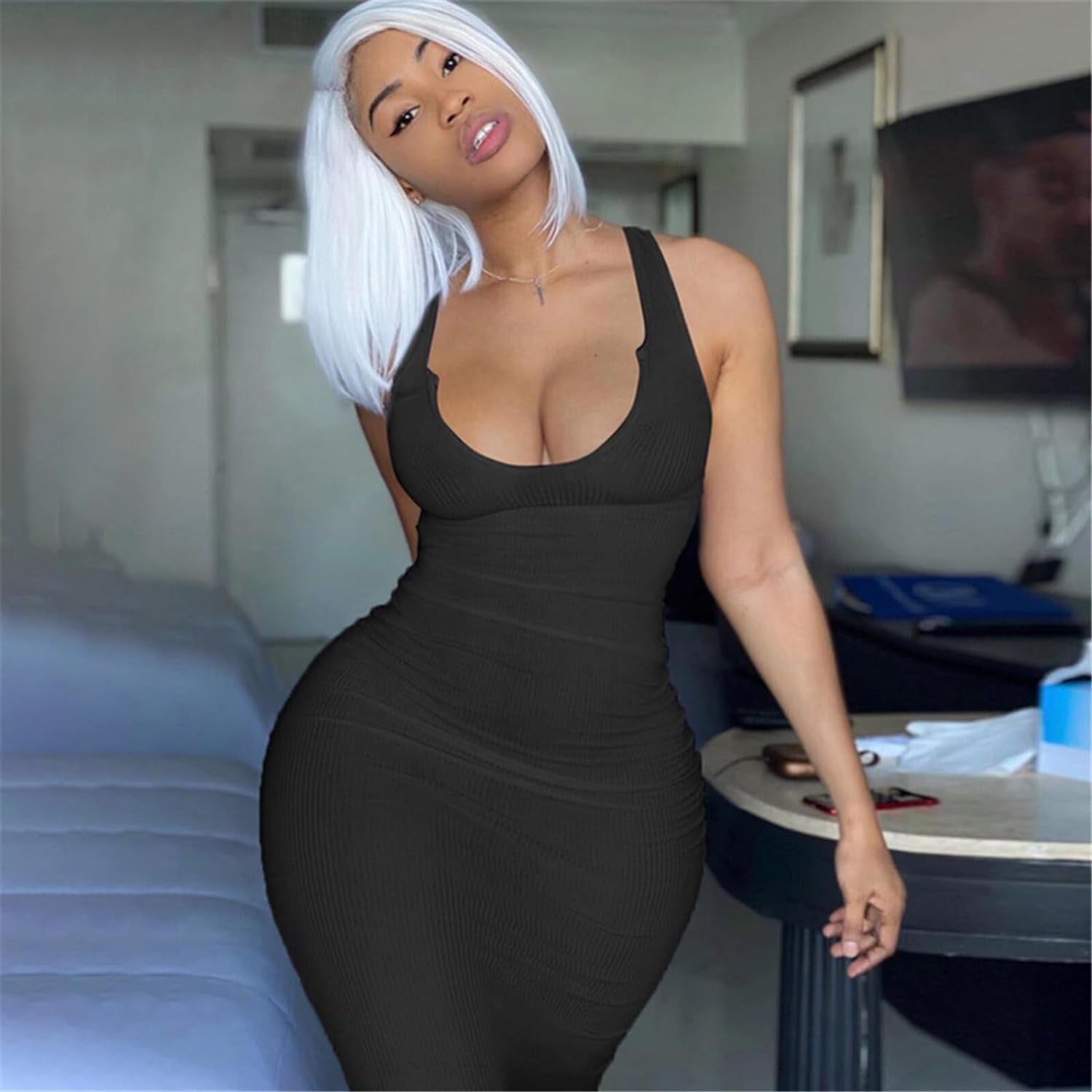 Women'S Sexy Summer Casual Slit Scoop Neck Ottoman Rib Club Beach Basic Long Bodycon Maxi Tank Dress Sun Dresses Black L