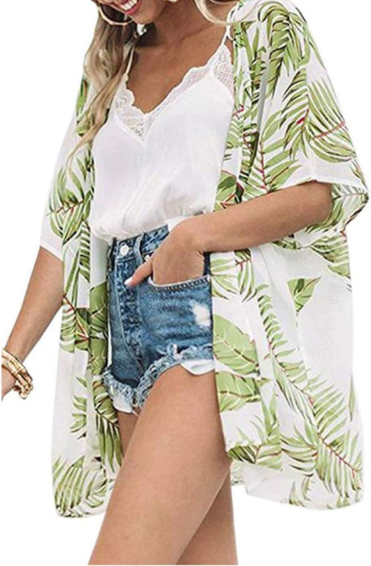 Women'S Sheer Chiffon Summer Blouse Tops Kimono Cardigan Floral Casual Loose Cover Ups Swimwear
