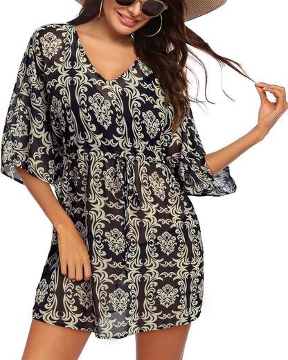 Women Swim Cover up Summer Swimsuit Hawaiian Beach Bikini Swimwear Chiffon Bathing Suit Tunic Dress (Floral 16, Large)