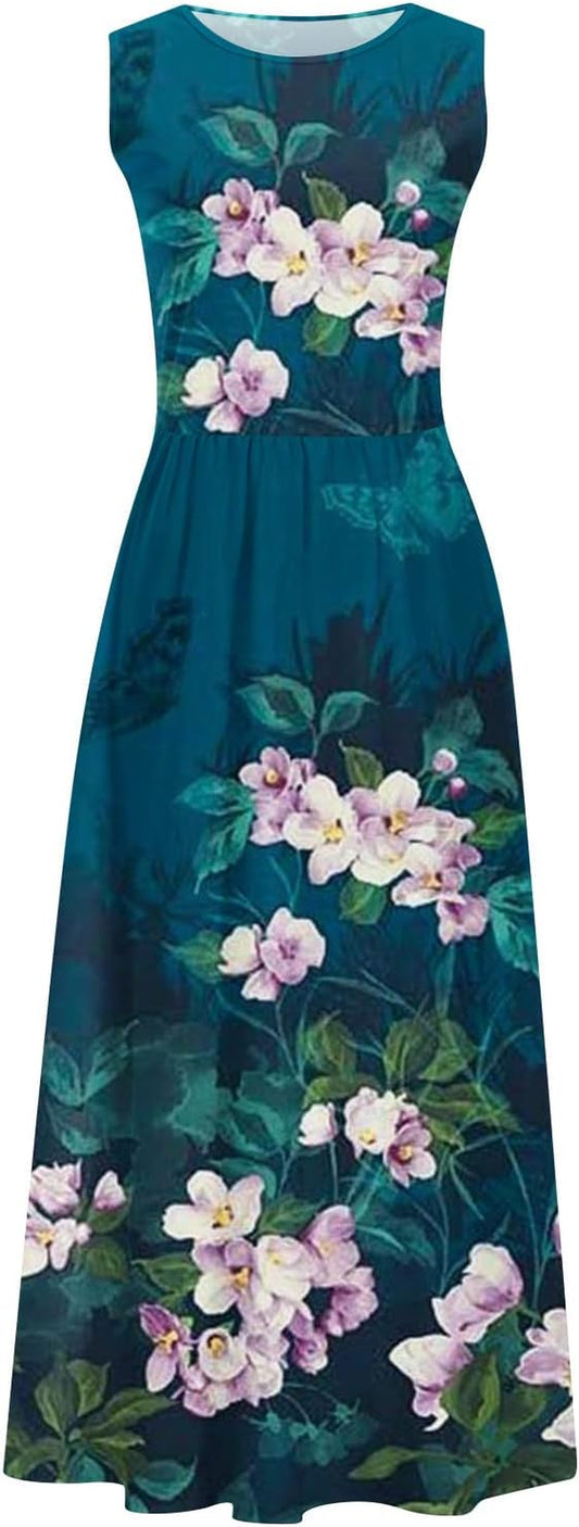 Summer Vintage Beach Dress Sleeveless Flowy Swing Sundress Floral Print Long Dresses