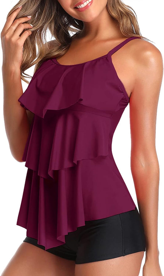 Women 2 Piece Flounce Sunflower Printed Top with Boyshorts Tankini Swimsuits Purple L