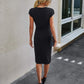 Women'S Short Sleeve Crew Neck Sheath Pencil Dress, Solid Color Twist Front Stretchy Bodycon Dress