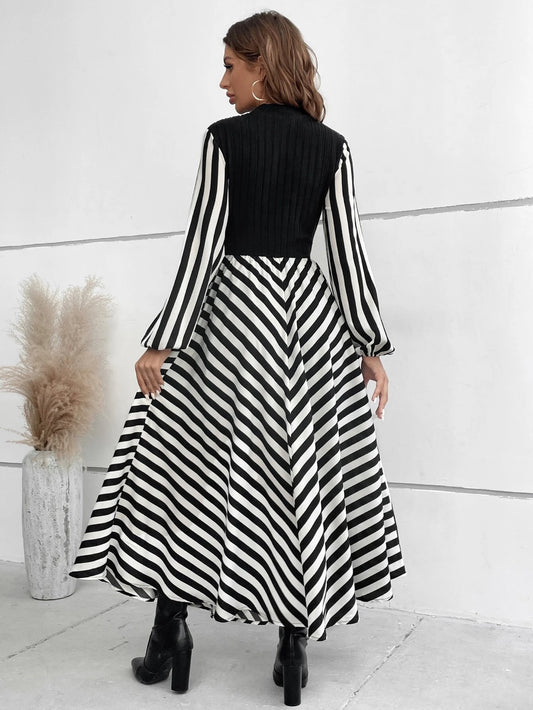 Calvaya Striped Mock Neck Lantern Sleeve Dress without Belt Maxi Women Outfit Fall Cloth for Women