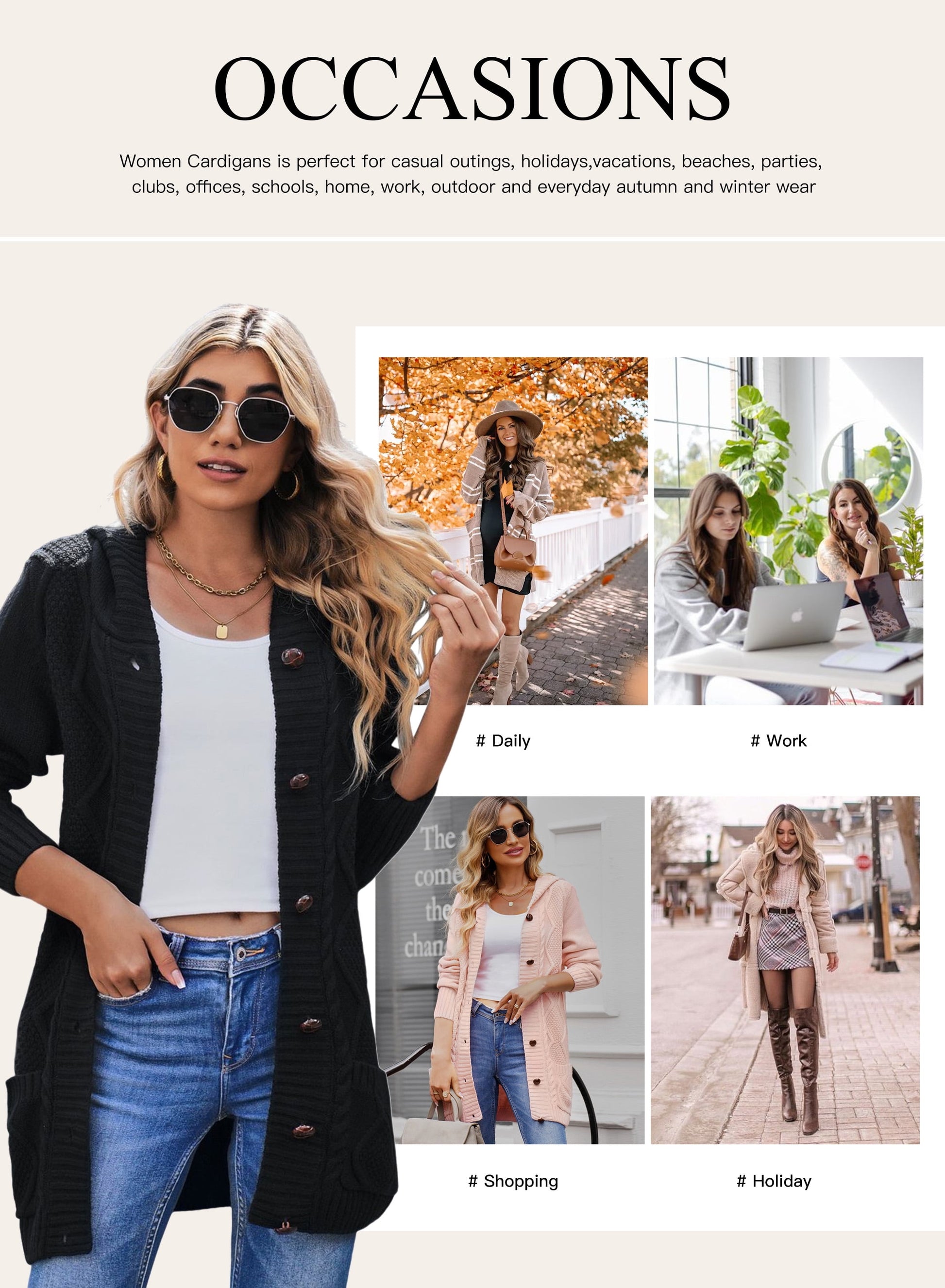 Hooded Cardigan Sweaters for Women Long Sleeve Button down Knit Sweater Coat Outwear with Pockets