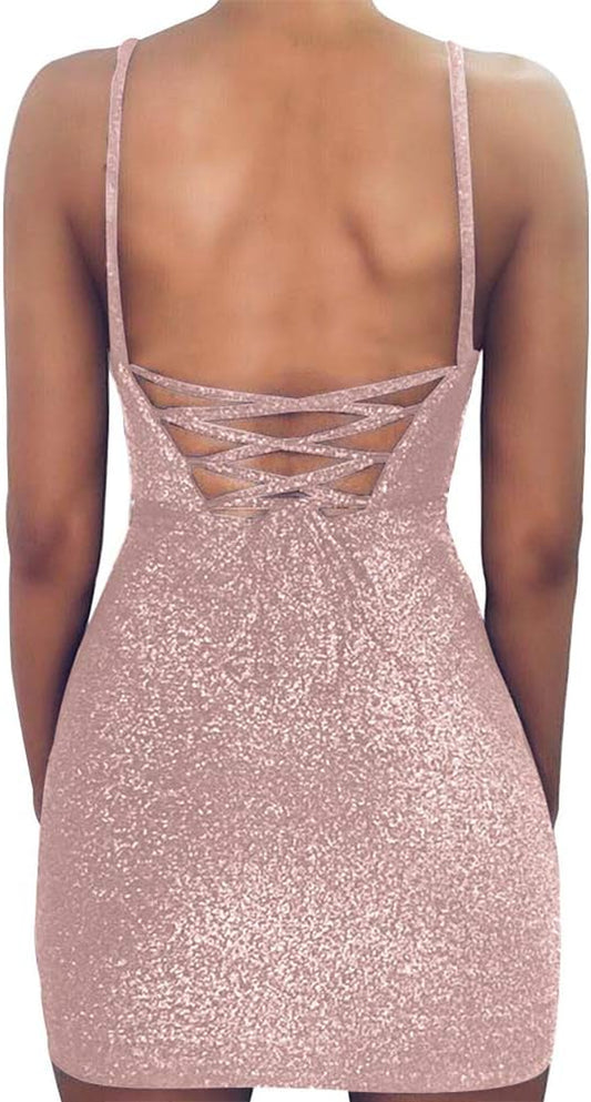 Women'S Sexy Glitter Bandage Bodycon Wrap Dress Sleeveless Mini Club Party Dresses