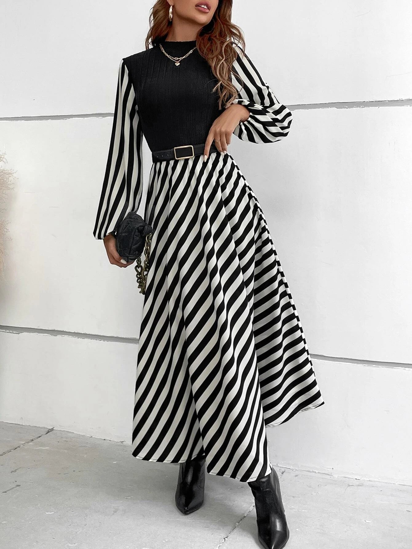 Calvaya Striped Mock Neck Lantern Sleeve Dress without Belt Maxi Women Outfit Fall Cloth for Women