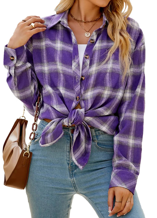 Plaid Flannel Shirts for Women Oversized Long Sleeve Button down Shirts Blouses Tops