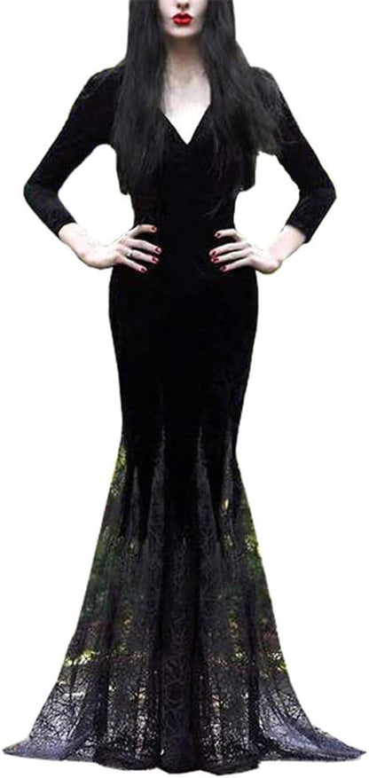 Women'S Maxi Dress V-Neck Black Lace Long Sleeve Party Gown Elegant Vestidos Lapel Rope High Waist Autumn Female