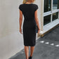 Women'S Short Sleeve Crew Neck Sheath Pencil Dress, Solid Color Twist Front Stretchy Bodycon Dress