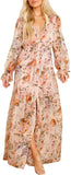 Women'S Long Sleeve V-Neck Floral Maxi Dress Casual Long Dresses Beach Dresses (Medium, Pink)