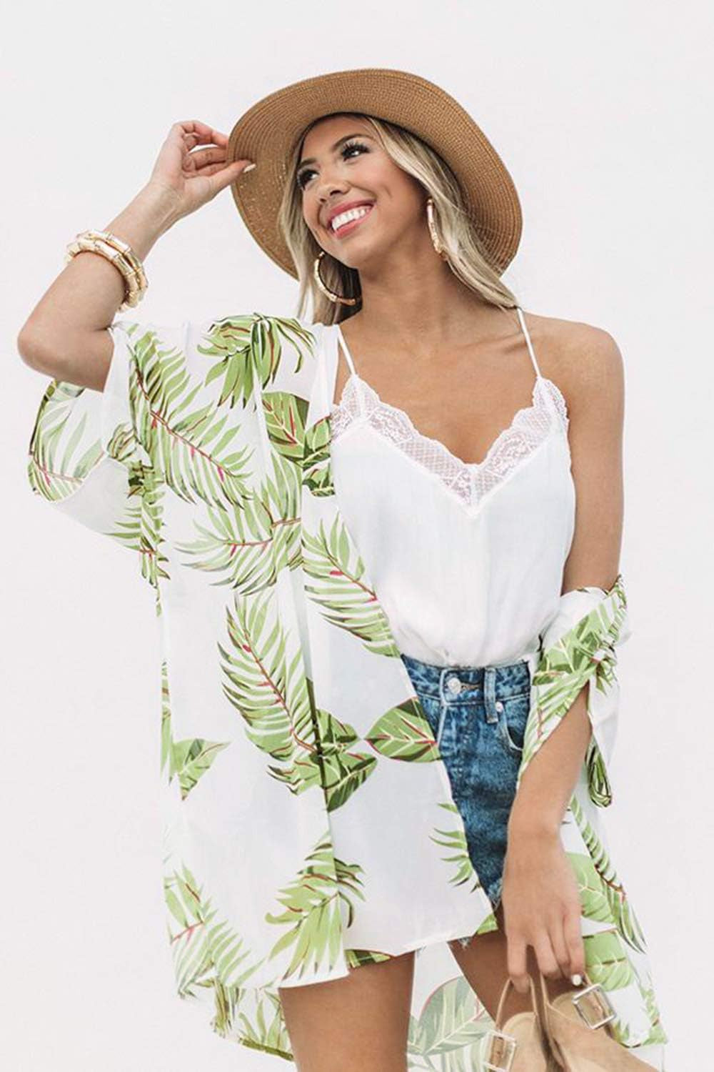 Women'S Sheer Chiffon Summer Blouse Tops Kimono Cardigan Floral Casual Loose Cover Ups Swimwear