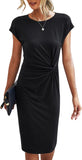 Women'S Short Sleeve Crew Neck Sheath Pencil Dress, Solid Color Twist Front Stretchy Bodycon Dress