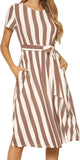 Women'S Short Sleeve Striped Casual Flowy Midi Belt Dress with Pockets