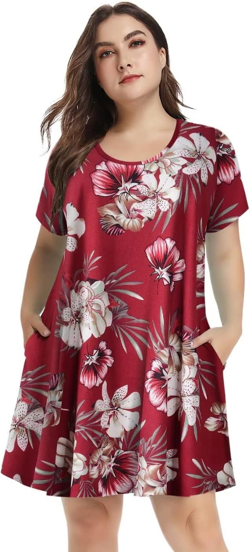 plus Size Dresses for Womens Summer Clothes Casual Floral Tops Short Sleeve T Shirt Dress Swing Sleepwear(A-Winered18 S)