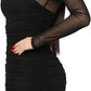 Women'S Sexy Sheer Mesh Long Sleeve Square Neck Ruched Bodycon Mini Club Dress