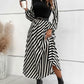 Calvaya Striped Mock Neck Lantern Sleeve Dress without Belt Maxi Women Outfit Fall Cloth for Women