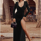 Women'S Sexy Bodycon Long Sleeve Deep V Neck High Slit Cocktail Party Maxi Dresses