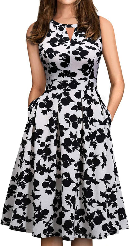 Summer Dresses for Women with Pockets Elegant Retro 50S Pleated V Keyhole Sleeveless Holiday Party Dance Wedding Guest Dress (S, Sp81-White Black Flo)