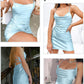 Satin Mini Dress for Women Sexy Cowl Neck Backless Silk Slip Camisole Night Club Party Dresses Blue