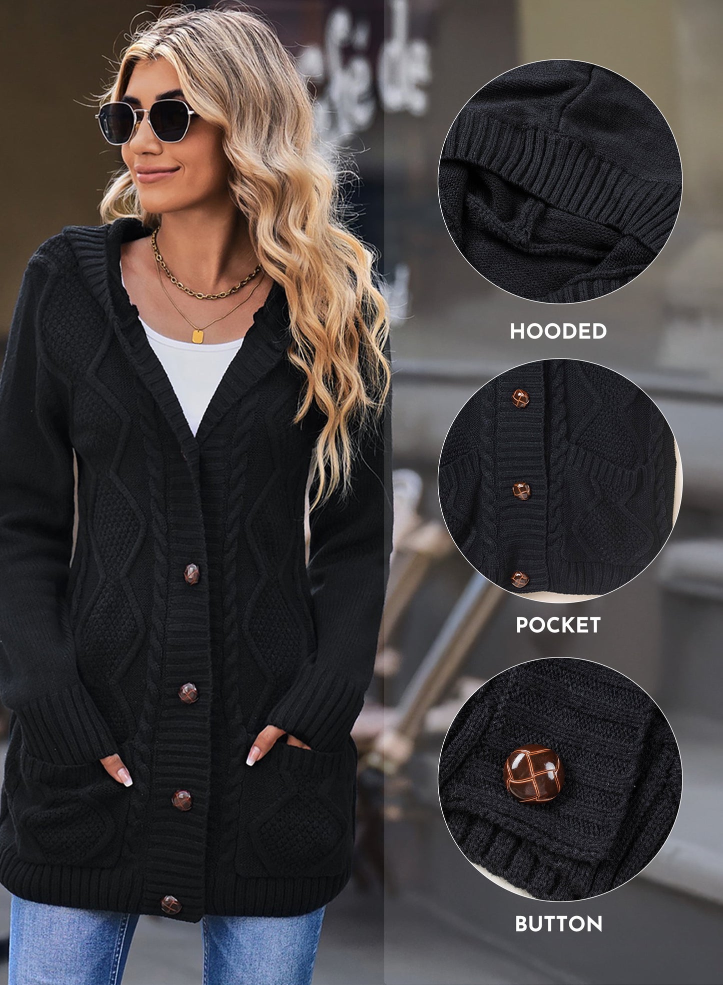 Hooded Cardigan Sweaters for Women Long Sleeve Button down Knit Sweater Coat Outwear with Pockets