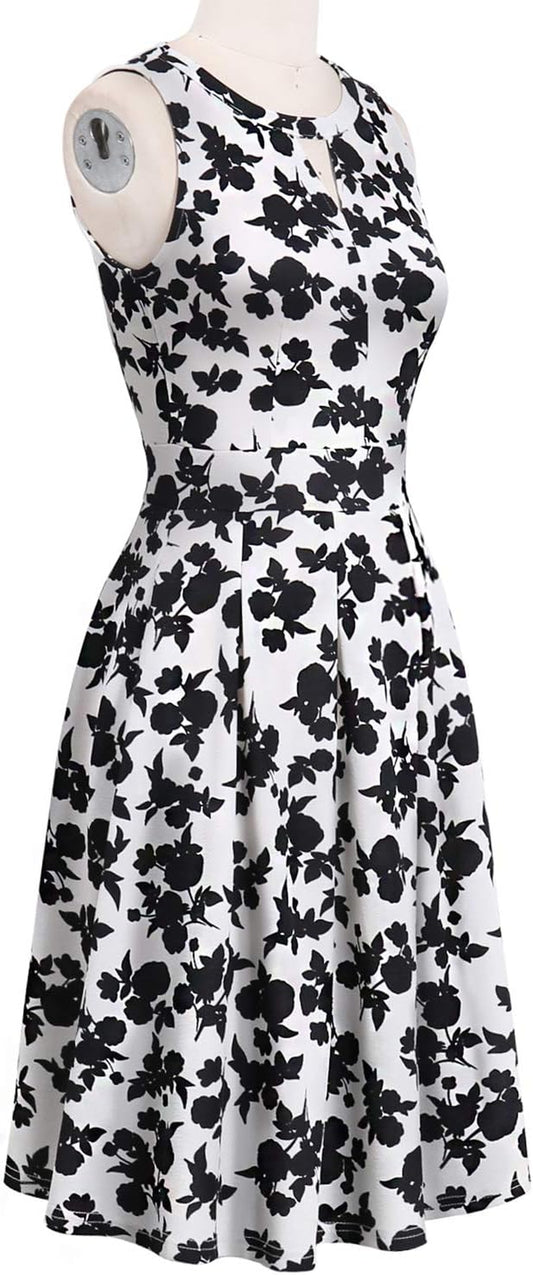 Summer Dresses for Women with Pockets Elegant Retro 50S Pleated V Keyhole Sleeveless Holiday Party Dance Wedding Guest Dress (S, Sp81-White Black Flo)