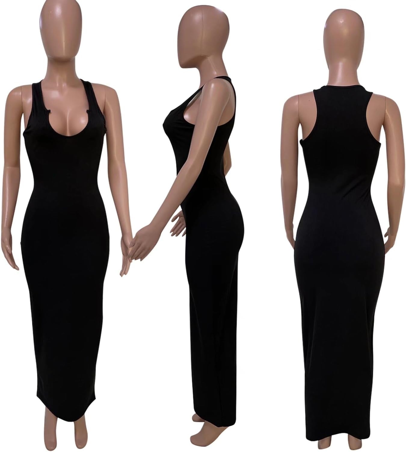 Women'S Sexy Summer Casual Slit Scoop Neck Ottoman Rib Club Beach Basic Long Bodycon Maxi Tank Dress Sun Dresses Black L