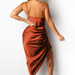 Women'S Summer Sexy Ruched Midi Adjustable Spaghetti Strap Bodycon Drawstring Side Slit Slip Party Clubwear Dress, A-Copper, Small