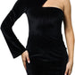 Womens One Shoulder Long Sleeve Velvet Bodycon Party Club Mini Dress S Black