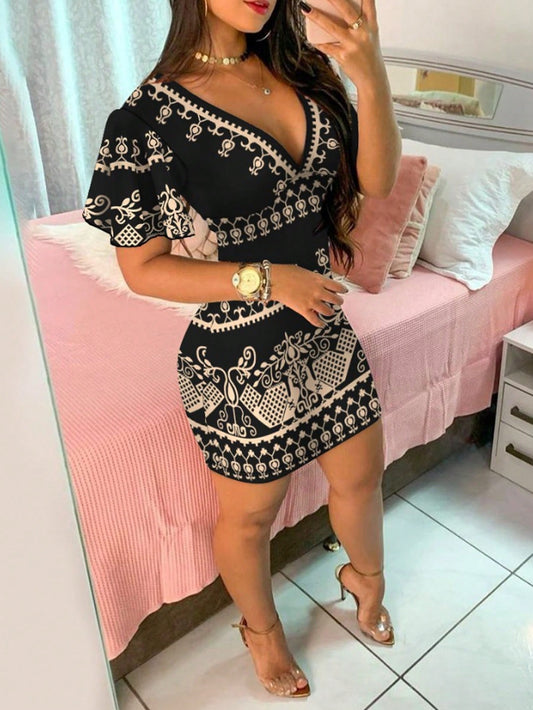 SHEIN Clasi Women'S Fashionable Print Short Sleeve V-Neck Dress