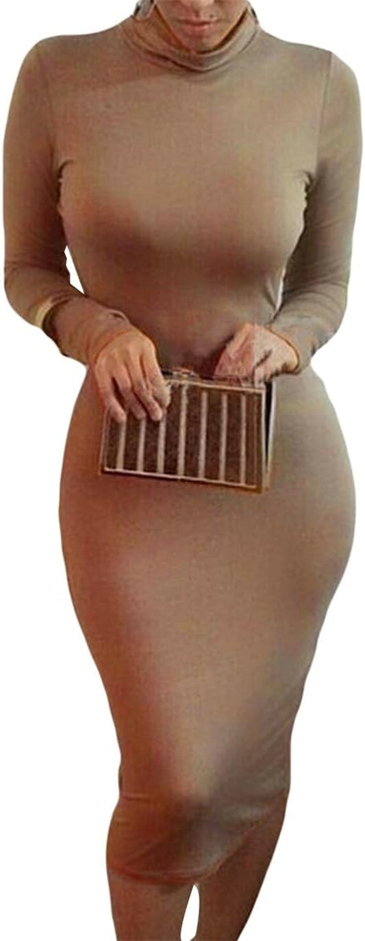 Womens Sexy Fall Knit Dress High Neck Long Sleeve Bodycon Midi Winter Dresses