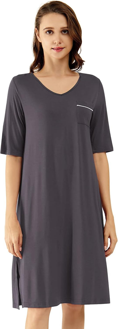 Viscose from Bamboo Nightgowns for Women Short Sleeve Sleep Shirt V Neck Nightgown plus Size Sleepwear S-4X,