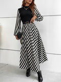 Calvaya Striped Mock Neck Lantern Sleeve Dress without Belt Maxi Women Outfit Fall Cloth for Women